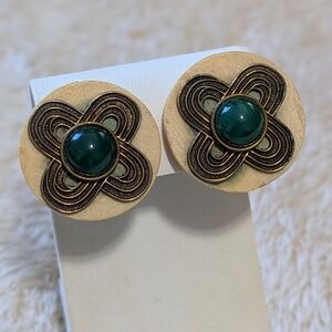 Vintage Bone, Metal And Green Cabachon Stone Button Style Clip Earrings